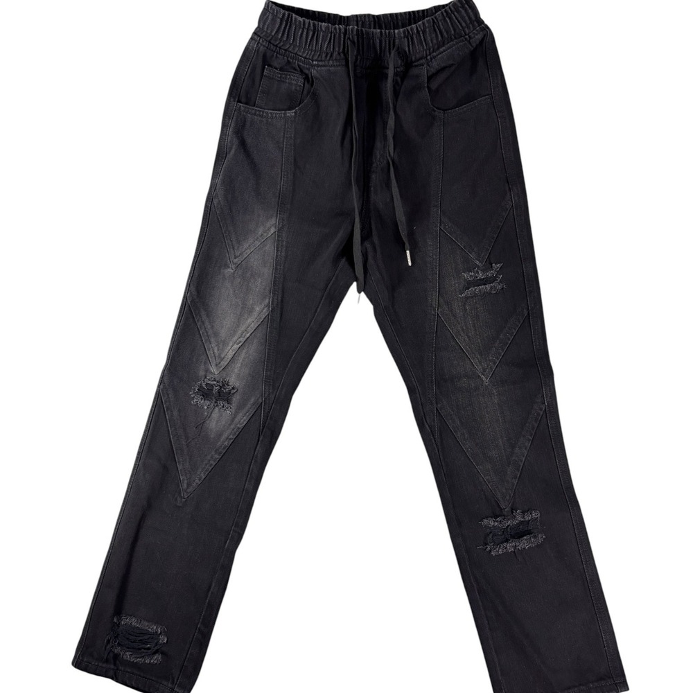 Watson Baggy Fit Jeans Mens 28 Black Distressed Denim Drawstring Waist Straight - Picture 1 of 6